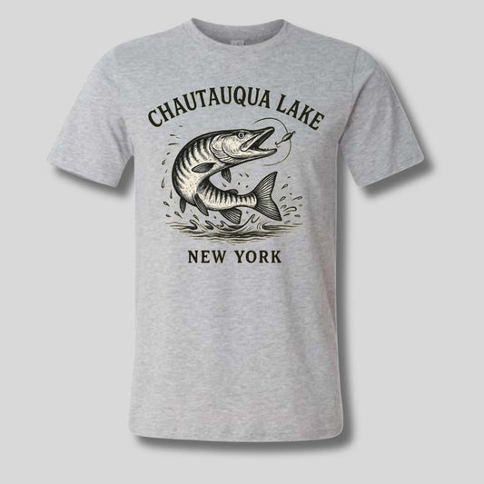 adult heather gray Chautauqua Lake New York muskie fish tshirt - Little Gift Nook
