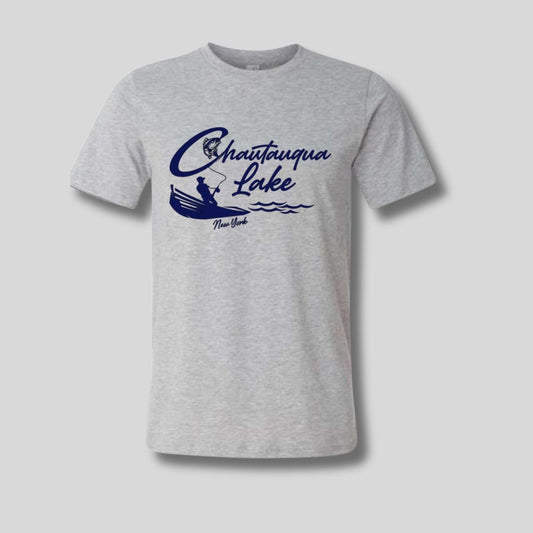 Chautauqua Lake NY Fisherman T-Shirt - heather gray unisex adult tshirt with navy fishing boat, fisherman casting line that turns into Chautauqua Lake logo with New York under boat on front on shirt - Little Gift Nook