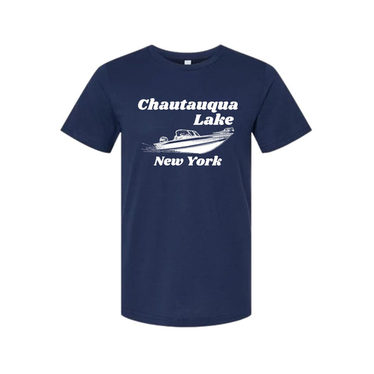 Chautauqua Lake NY T-Shirt - Adult unisex tshirt with white sketch boat and lettering on front - Little Gift Nook