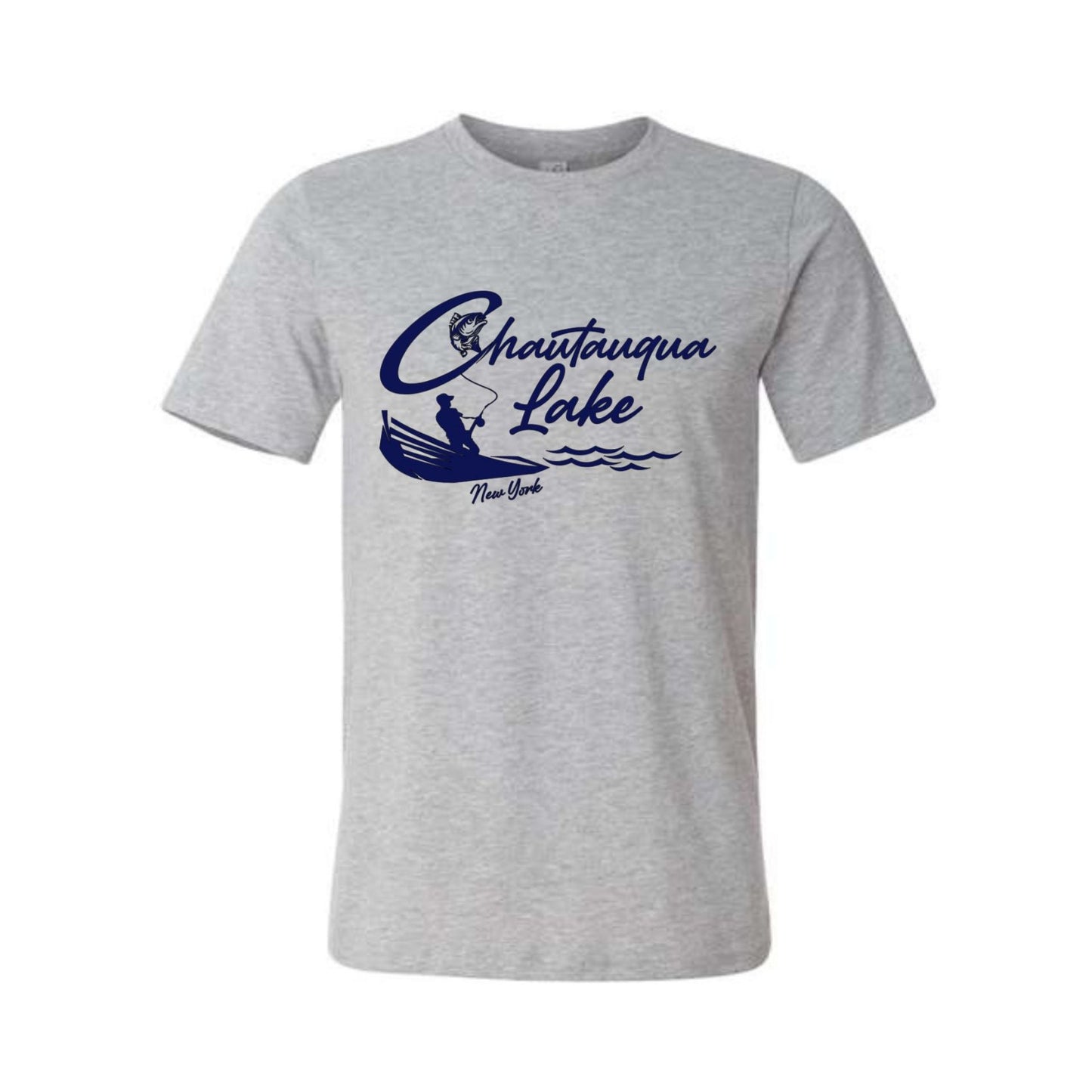 Chautauqua Lake NY Fisherman T-Shirt - heather gray unisex adult tshirt with navy fishing boat, fisherman casting line that turns into Chautauqua Lake logo with New York under boat on front on shirt - Little Gift Nook