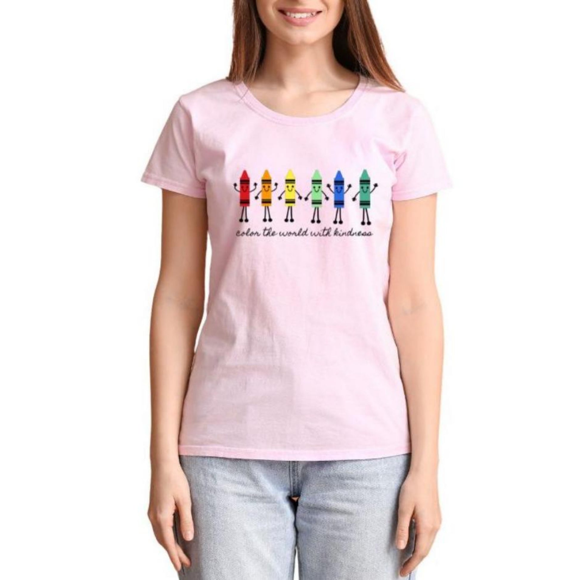 Color the World with Kindness Crayons Teacher Tshirt. Light pink unisex fit tshirt with colored crayons with faces and hands and black lettering under them.- Little Gift Nook