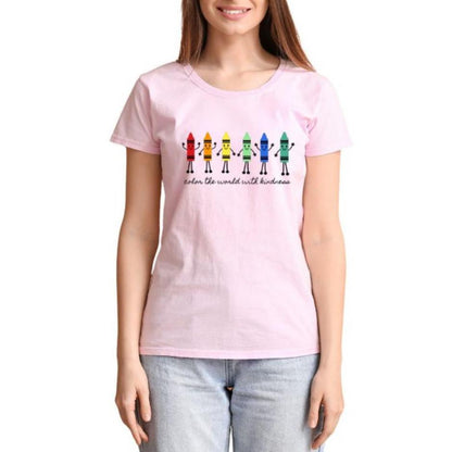 Color the World with Kindness Crayons Teacher Tshirt. Light pink unisex fit tshirt with colored crayons with faces and hands and black lettering under them.- Little Gift Nook