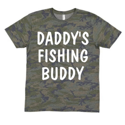 Daddy's Camo Fishing Buddy Tshirt. Green and navy camo pattern tshirt with white lettering on front. - Little Gift Nook
