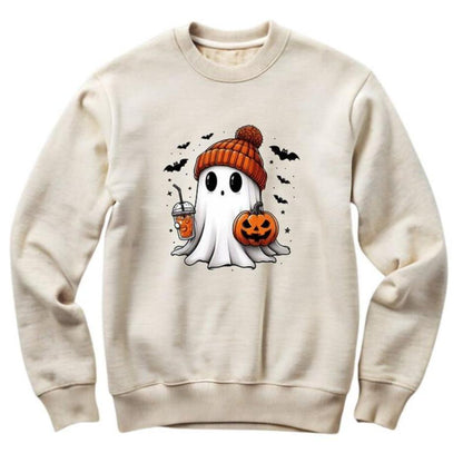 Adult unisex Ready for Fall Ghost Beanie Latte Sweatshirt. Fleece lined. Cream crewneck with white ghost in orange pom hat holding latte.- Little Gift Nook