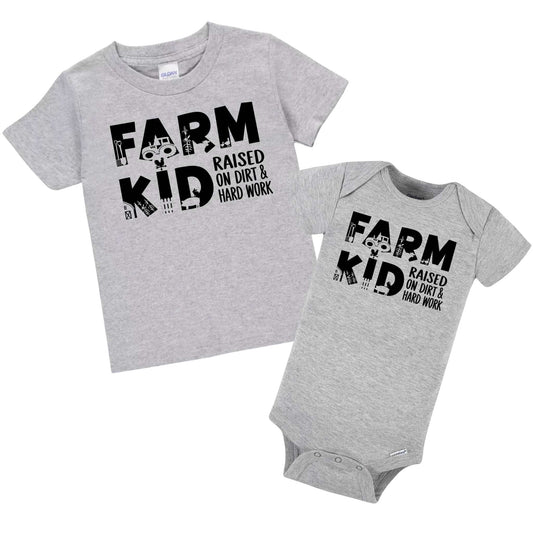 Farm Kid Baby & Toddler T-Shirt - Raised on Dirt and Hard Work - heather gray short sleeve onesies or tshirt with black lettering Farm Kid on front with farm theme images inside each letter. - Little Gift Nook