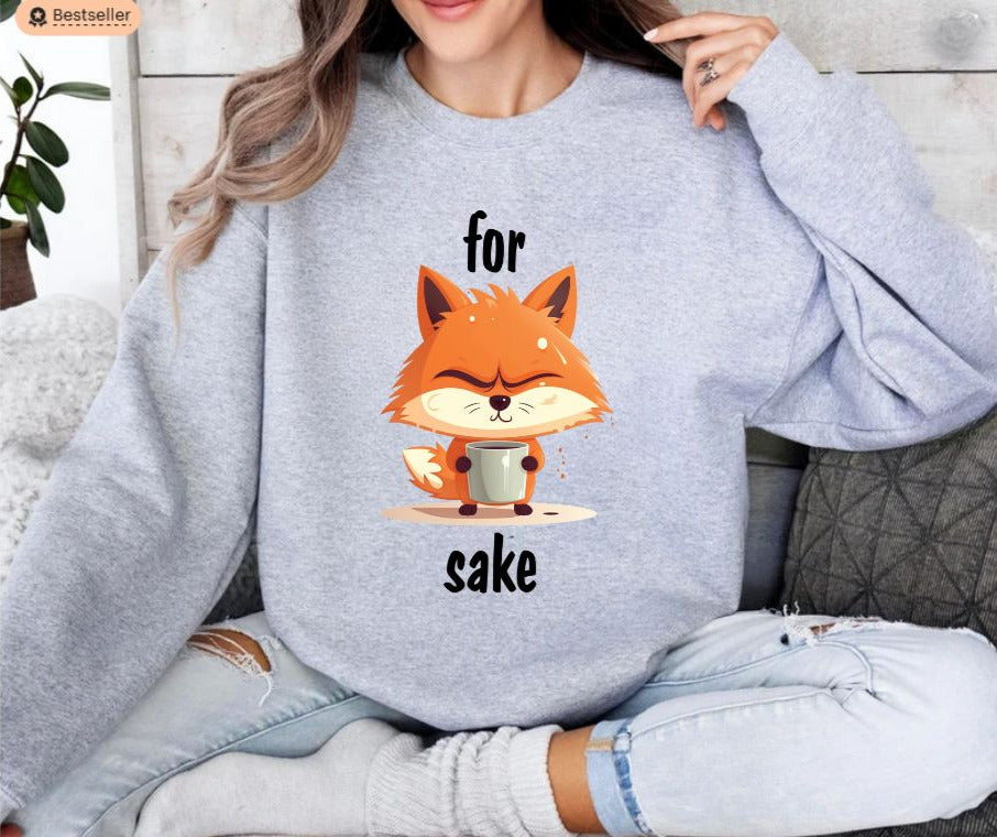 For Fox Sake Crewneck Sweatshirt. Cute orange fox with coffee mug on front. Adult sizes. Little Gift Nook