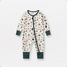 Load image into Gallery viewer, Forest Friends Bamboo Sleeper with fold over feet &amp; hands. Cream &amp; forest green fold over hands &amp; feet. Double zipper. Soft &amp; Stretchy. Little Gift Nook.