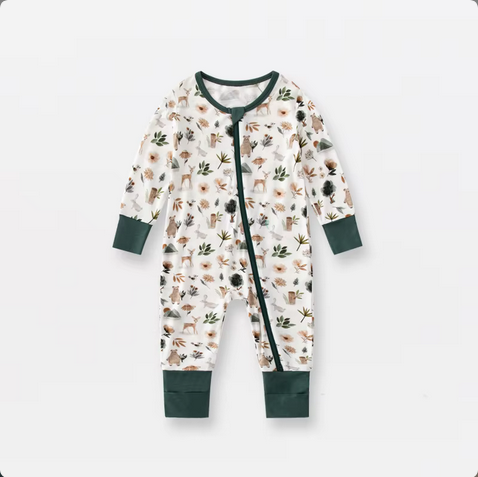 Forest Friends Bamboo Sleeper with fold over feet & hands. Cream & forest green fold over hands & feet. Double zipper. Soft & Stretchy. Little Gift Nook.