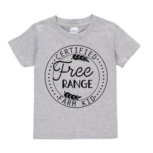 Free Range Farm Kid Tshirt.  Heather gray toddler certified free range farm kid tshirts. Little Gift Nook. 