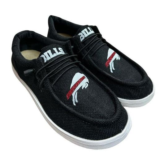 Game Day Glitter Black White Slip on Hey Bills Shoes. Little Gift Nook.