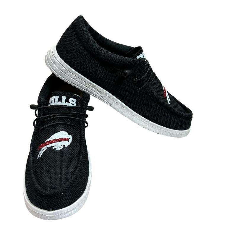 Black Slip on Hey Bills Shoes with logos on toes.. Little Gift Nook. 