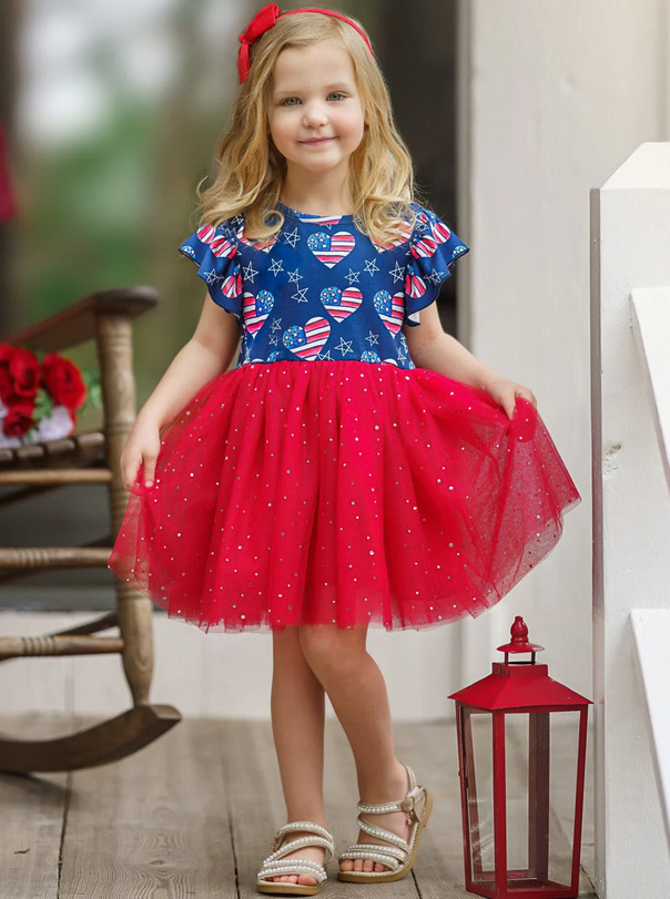 Red White Blue Patriotic Heart Tutu Dress. Pull on soft dress. - Little Gift Nook