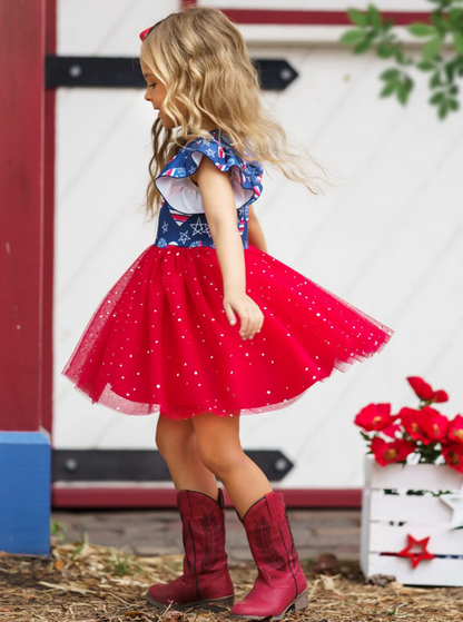 Little girl wearing Red White Blue Patriotic Heart Tutu Dress and twirling. - Little Gift Nook