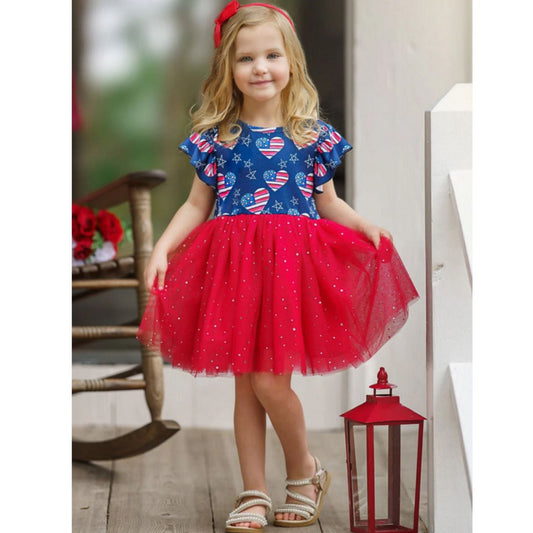 Red White Blue Patriotic Heart Tutu Dress. Pull on soft dress. - Little Gift Nook