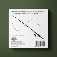 Load image into Gallery viewer, Good Luck Fishermen Board Book back cover. Has Fishing Pole and small description of book.