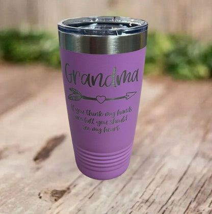 Grandma 20oz Stainless Steel Tumbler in lavender. Engraved on front: Grandma with arrow, If you think my hands are full you should see my heart. - Little Gift Nook - Little Gift Nook