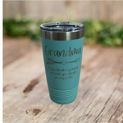 Grandma 20oz Stainless Steel Tumbler in Teal. Engraved on front: Grandma with arrow, If you think my hands are full you should see my heart. - Little Gift Nook 