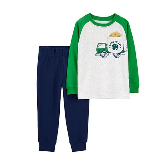 Green Loads of Luck Boys pc Set. Long sleeve raglan tshirt with green dump truck full of lucky clovers and gold at pocket.  Navy elastic waist sweatpants cuffed. Little Gift Nook.