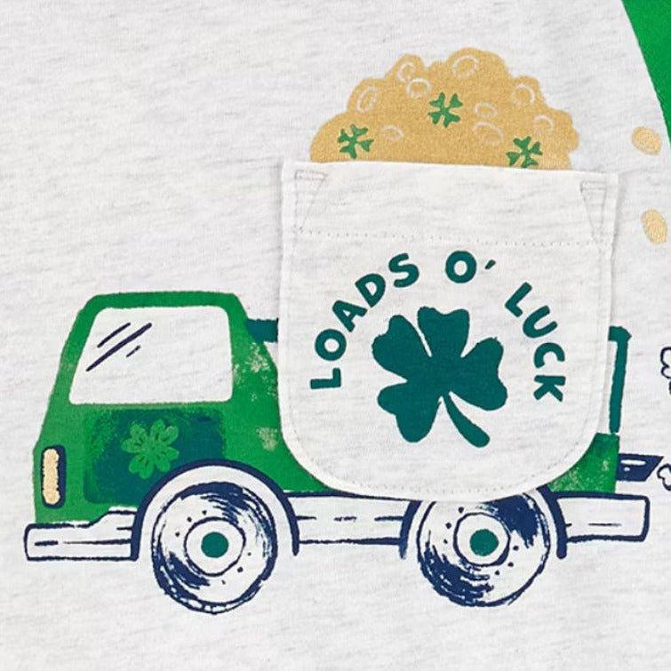Green Loads of Luck Boys 2 pc Set. Long sleeve raglan tshirt with green dump truck full of lucky clovers and gold at pocket.  Navy elastic waist sweatpants cuffed. Little Gift Nook.