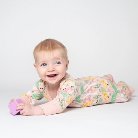 Grow with Me 100% Cotton Giraffe Romper Sleeper. Pink sleeper with giraffe and green leaf print.- Little Gift Nook