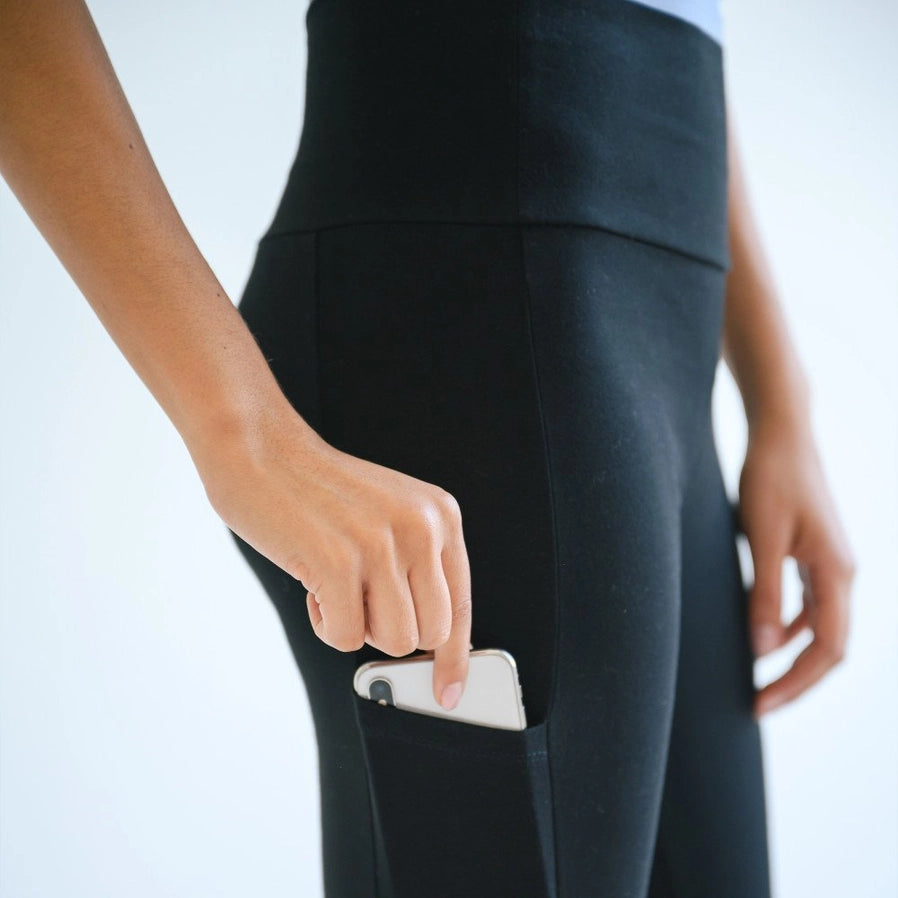 Close up of Woman's High Waist Black Leggings with Pockets - Little Gift Nook