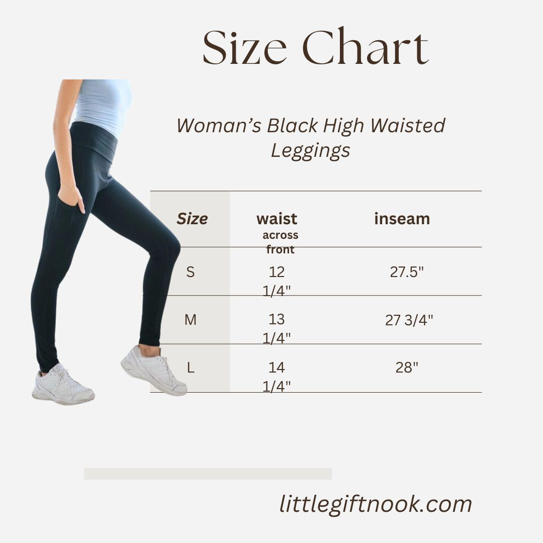 Woman's High Waist Black Leggings with Pockets Size Chart - Little Gift Nook