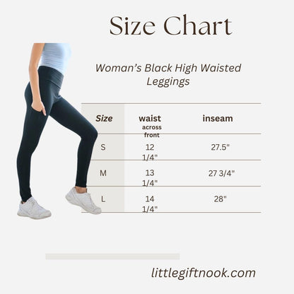 Women's High Waist Maroon Leggings with Pockets size chart. Little Gift Nook.