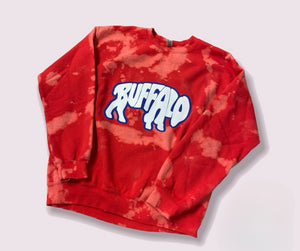 Red bleach dyed white & blue buffalo letters shape of buffalo crewneck sweatshirt. Go Bills! 