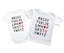 Load image into Gallery viewer, I love you Valentine&#39;s Alphabet Tee. Available in onesies and tshirts. Little Gift Nook.