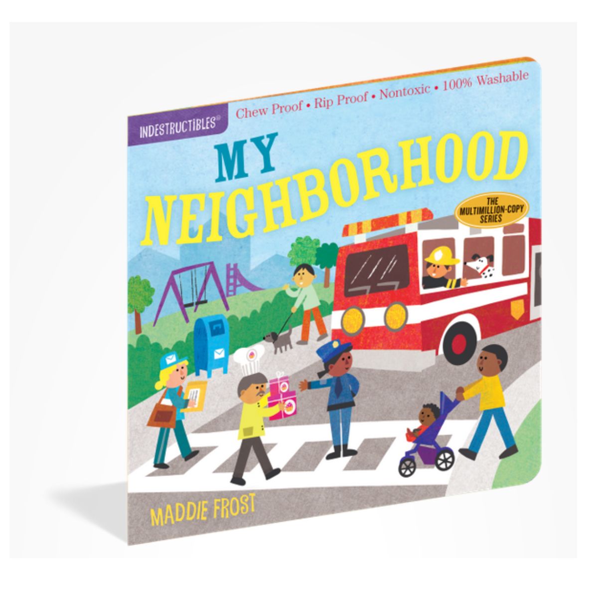 Children's book titled 'My Neighborhood' with illustrations of a fire truck and people on a white background.