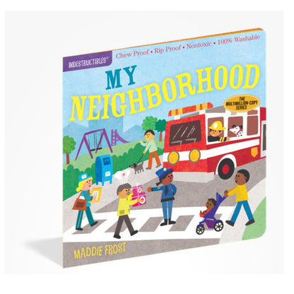 Children's book titled 'My Neighborhood' with illustrations of a fire truck and people on a white background.