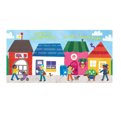 Indestructibles baby book inside pages with Illustration of a colorful neighborhood with buildings and people on a white background.