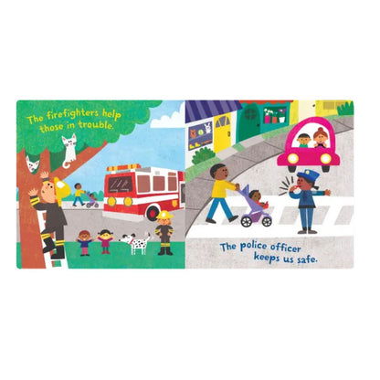 Indestructibles baby book "My Neighborhood" inside pages with fireman and police officer on white background.