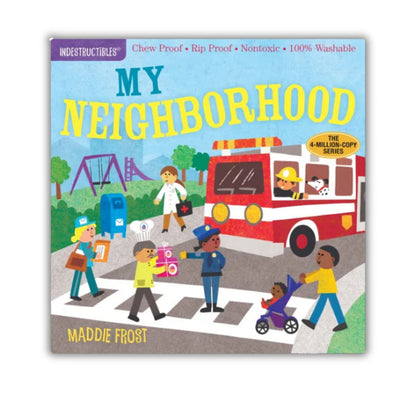 Indestructibles baby book "My Neighborhood" with cross walk and fire truck cover on white background - Little Gift Nook