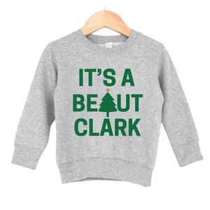 It's a Beaut Clark Christmas Kids Sweatshirt. Heather gray sweatshirt with green "it's a beaut clark" lettering and christmas tree on front. 