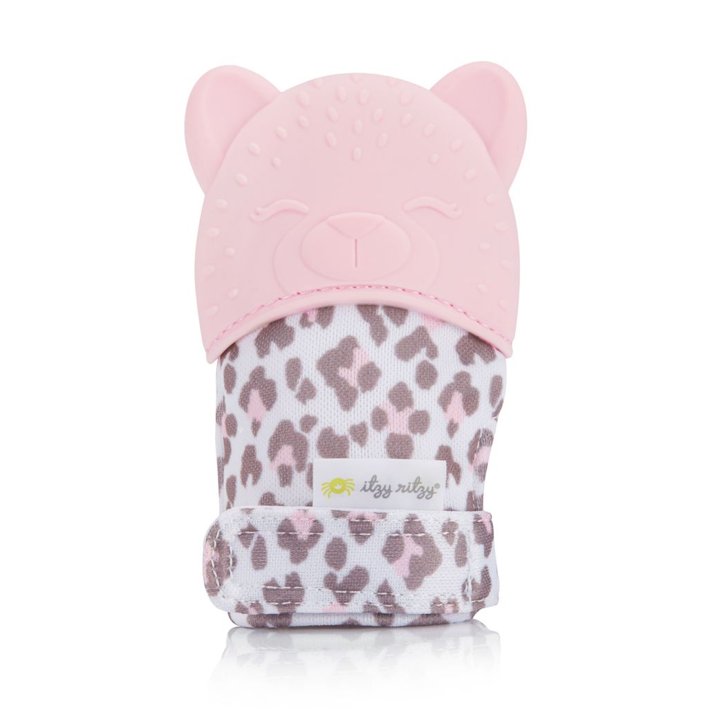 Itzy Ritzy Pink Leopard Baby Teether backside view. Silicone Teething Mitt - Little Gift Nook