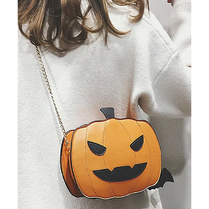 Jack-O-Lantern Pumpkin Purse with hold chain strap and black bat charm. - Little Gift Nook