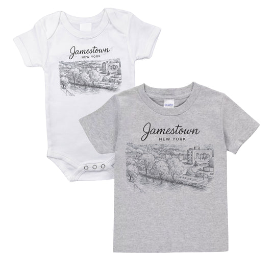 Jamestown NY City Sketch Child T-Shirt - Cityscape & Lucy Mural - white short sleeve baby onesie or heather gray kids short sleeve tshirts with Jamestown NY sketch image in black on front - Little Gift Nook