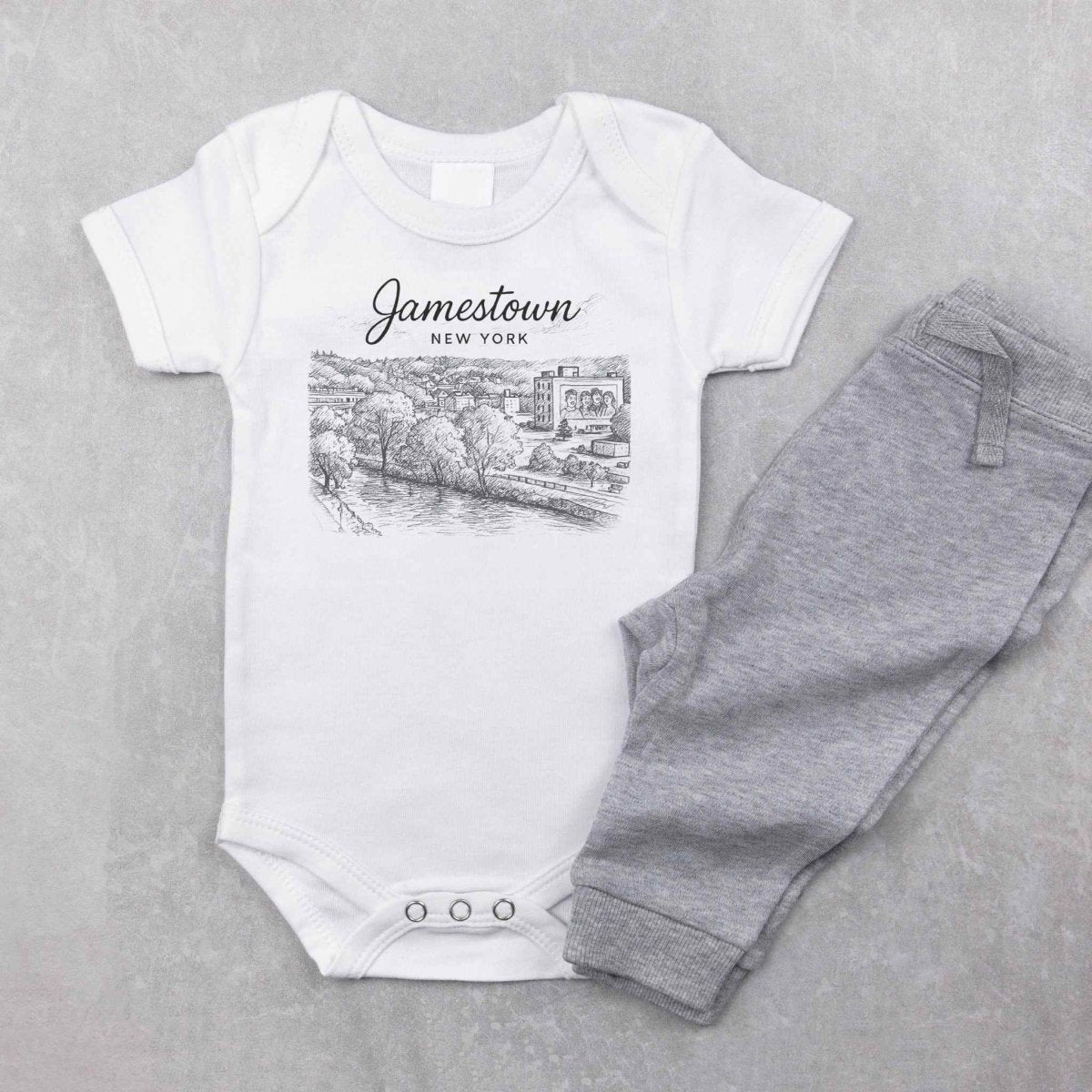Jamestown NY City Sketch Child T-Shirt - Cityscape & Lucy Mural - white short sleeve baby onesie with black Jamestown NY sktech cityscape on front - Little Gift Nook