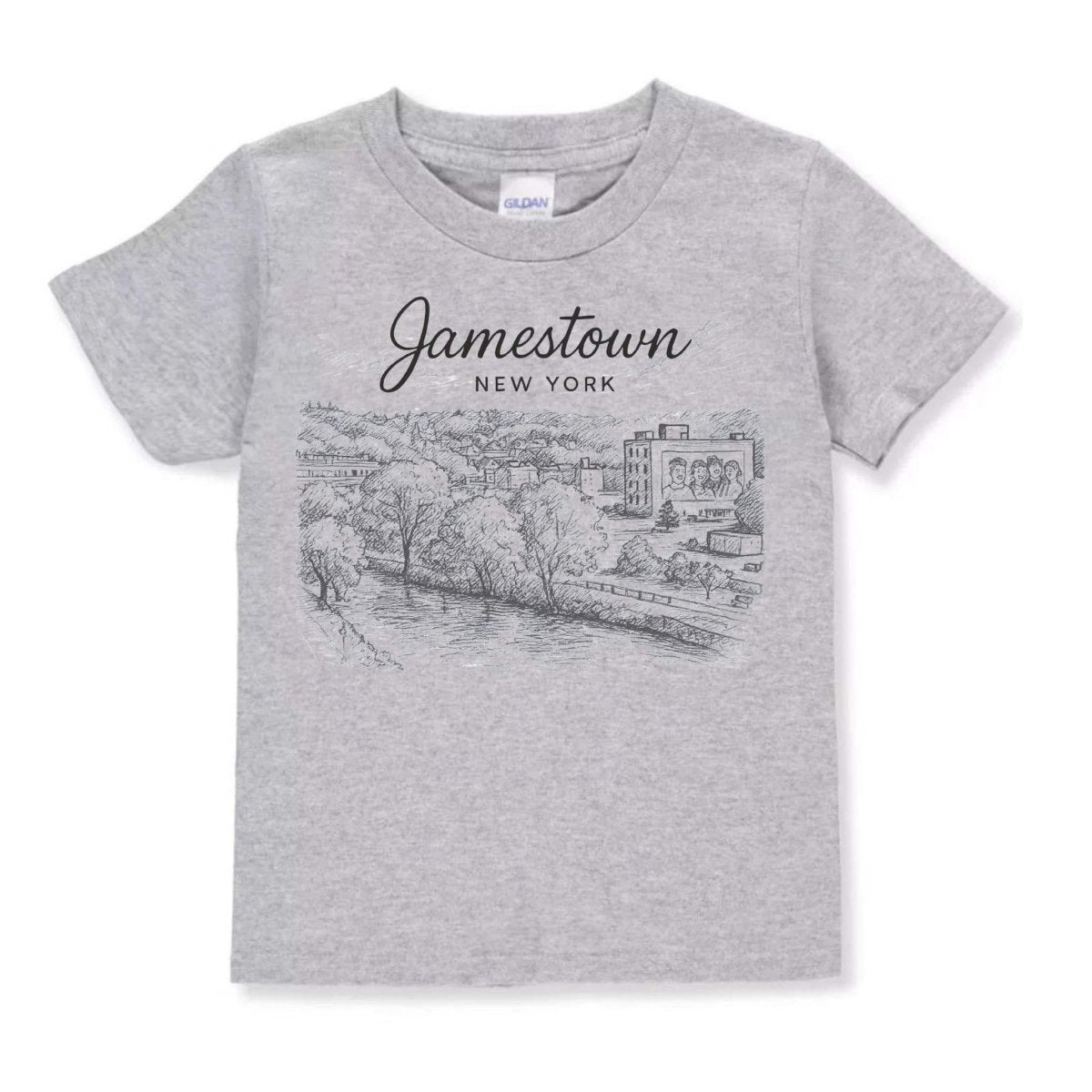 Jamestown NY City Sketch Child T-Shirt - Cityscape & Lucy Mural - gray short sleeve kids tshirt with black Jamestown NY sktech cityscape on front - Little Gift Nook