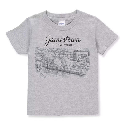 Jamestown NY City Sketch Child T-Shirt - Cityscape & Lucy Mural - gray short sleeve kids tshirt with black Jamestown NY sktech cityscape on front - Little Gift Nook