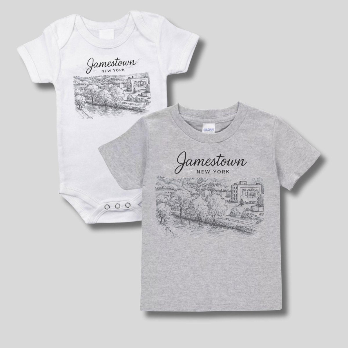 Jamestown NY baby white sketch city onesie or kids gray tshirt - Little Gift Nook