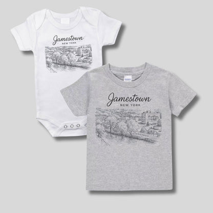Jamestown NY baby white sketch city onesie or kids gray tshirt - Little Gift Nook