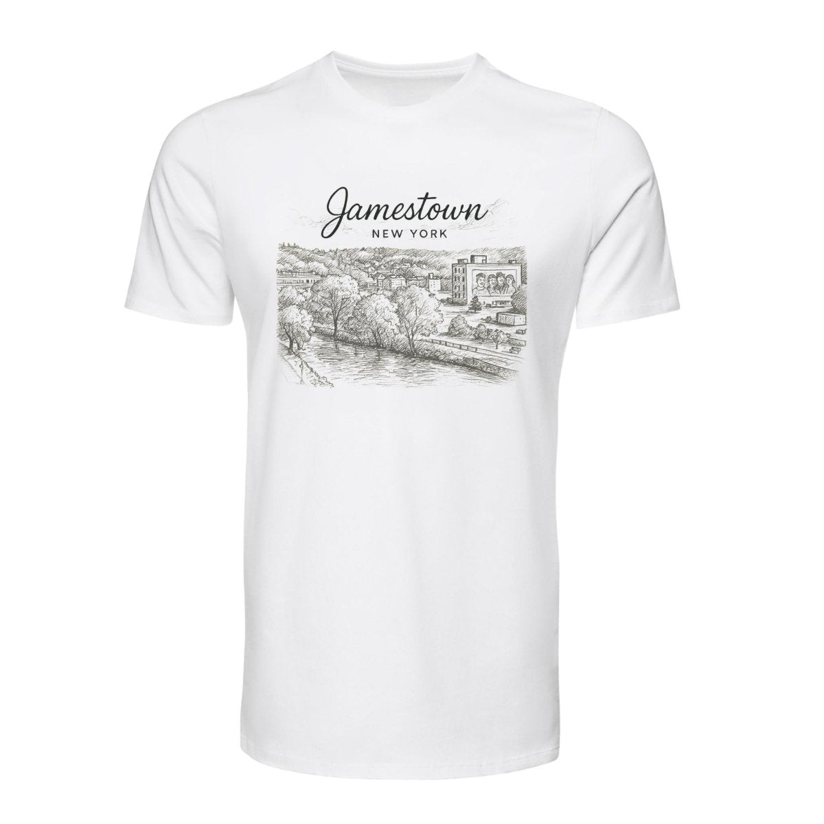 Jamestown NY City Sketch T-Shirt - Cityscape & Lucy Mural - white adult unisex tshirt with brown sepia sketch of Jamestown, NY on front - Little Gift Nook