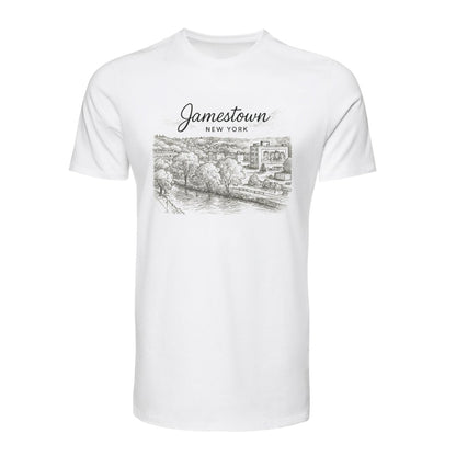 Jamestown NY City Sketch T-Shirt - Cityscape & Lucy Mural - white adult unisex tshirt with brown sepia sketch of Jamestown, NY on front - Little Gift Nook
