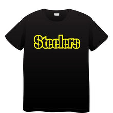 Load image into Gallery viewer, Black short sleeve youth tshirts with yellow puffy letters on front STEELERS. Little Gift Nook.