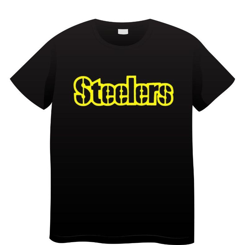 Black short sleeve youth tshirts with yellow puffy letters on front STEELERS. Little Gift Nook.