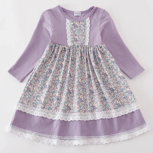 Lavender Floral Eyelet Ruffle Dress. Eyelet accents & trim.  Little Gift Nook.