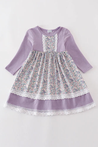 Lavender Floral Eyelet Ruffle Dress. Eyelet accents & trim.  Little Gift Nook.