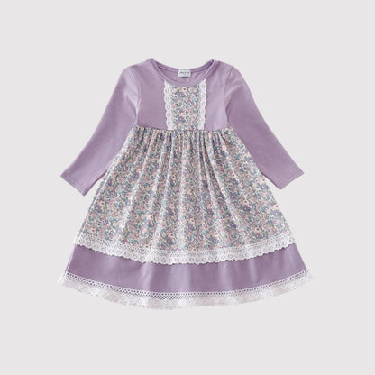 Girl's Lavender Floral Eyelet Ruffle Dress. Lavender light purple dress, long sleeves, with pink, purple, and green floral pattern. Ruffle on chest and  eyelet accents & trim.  Little Gift Nook.